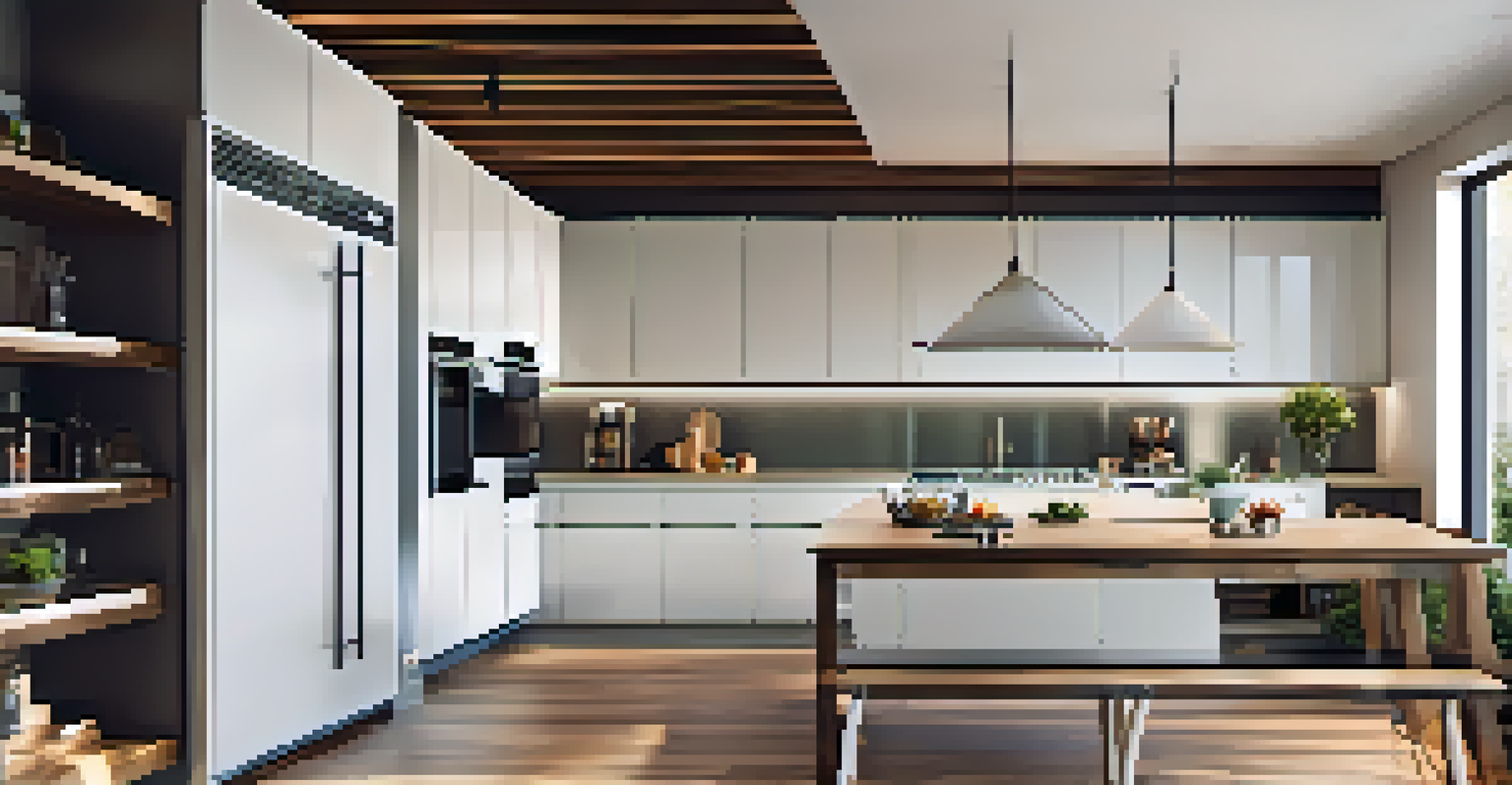 A modern kitchen with smart home technology, featuring energy-efficient appliances and eco-friendly materials like recycled metal and reclaimed wood illuminated by natural light.