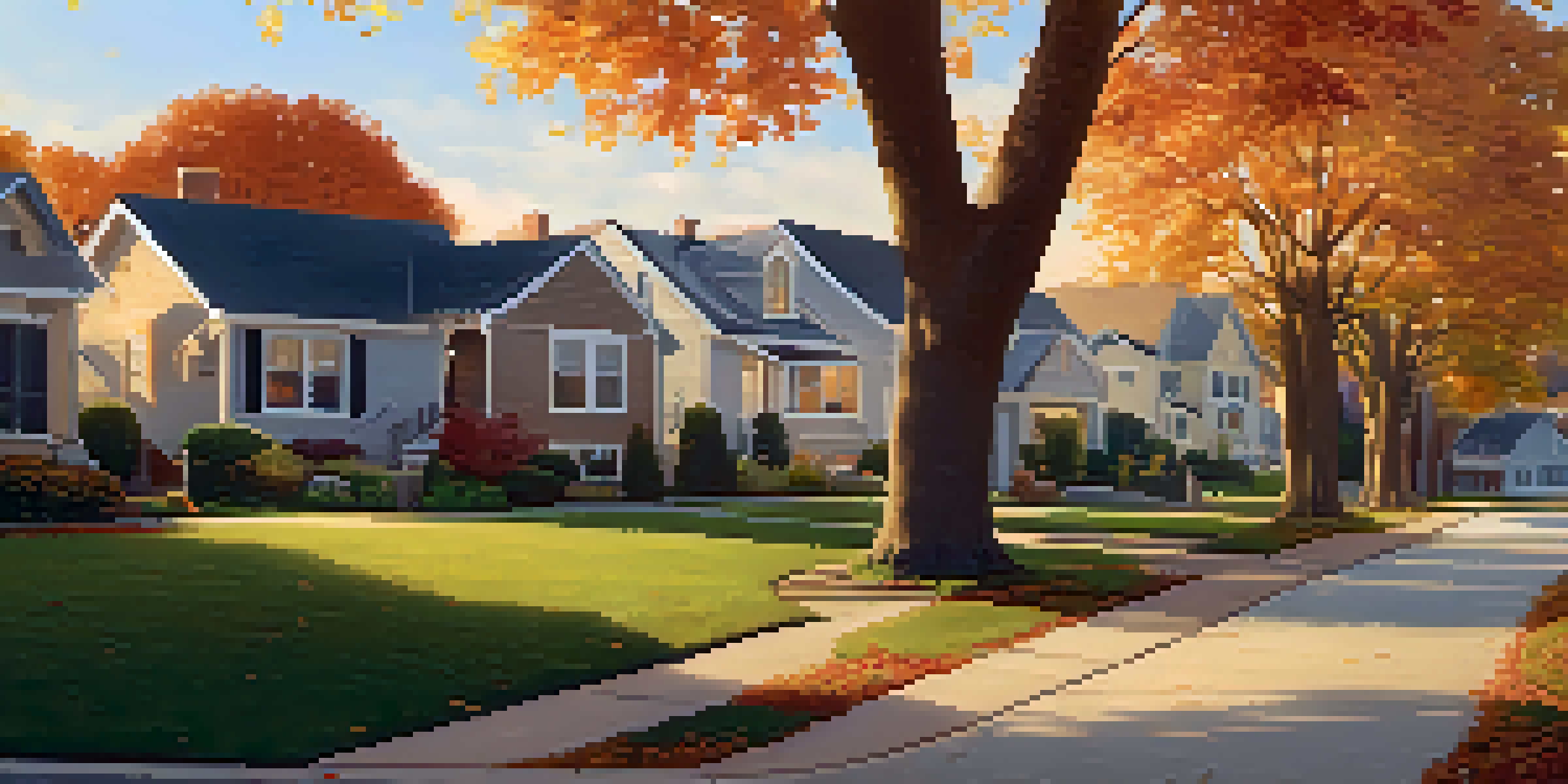 A suburban neighborhood at sunset with various homes and a family playing in the front yard.