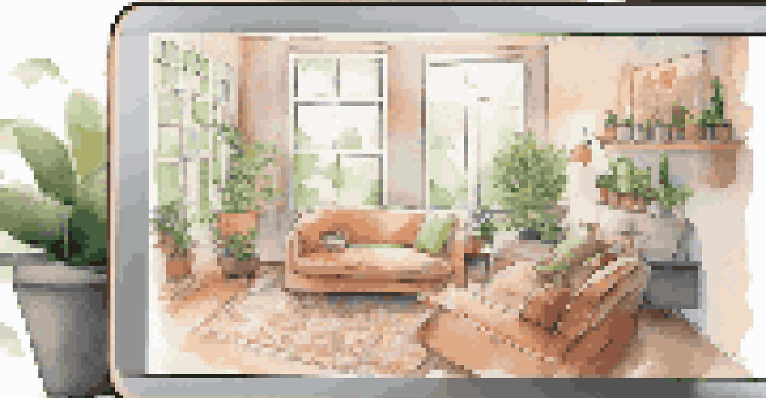 A cozy living room with a tablet displaying energy usage statistics, surrounded by comfortable furniture and indoor plants, creating a warm atmosphere.