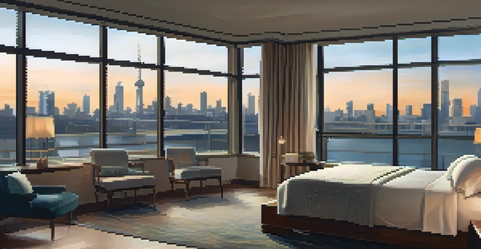 A peaceful hotel room with a city skyline view, featuring a comfortable bed and soft lighting.
