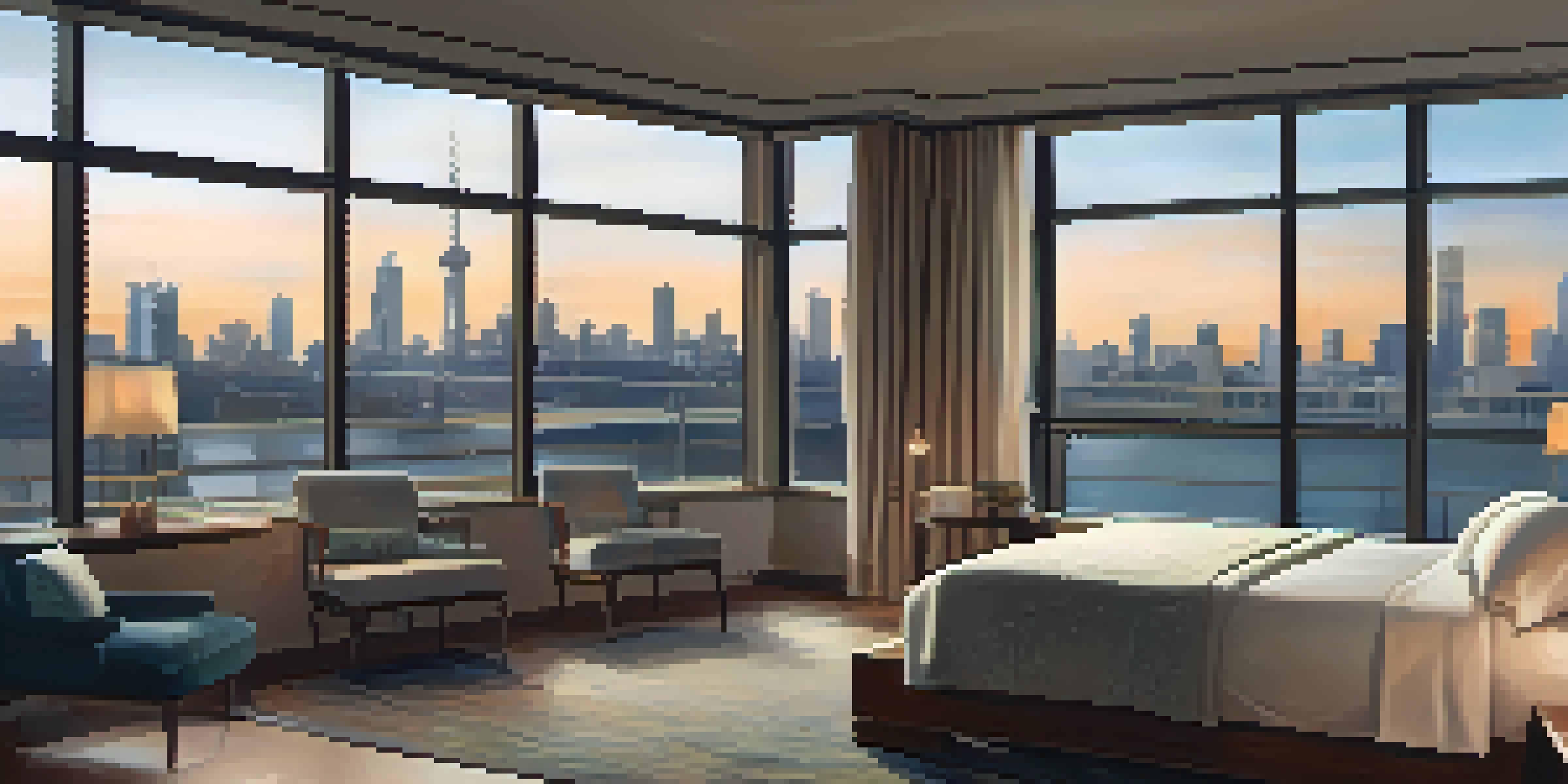 A peaceful hotel room with a city skyline view, featuring a comfortable bed and soft lighting.
