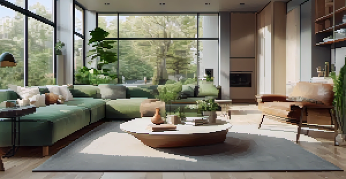 A modern living room with energy-efficient appliances, bright natural light, and a cozy minimalist decor.
