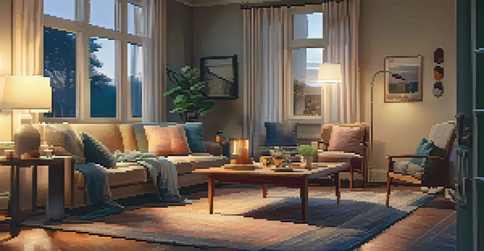 A cozy living room with warm lighting, where a family is playing a board game on a sofa.