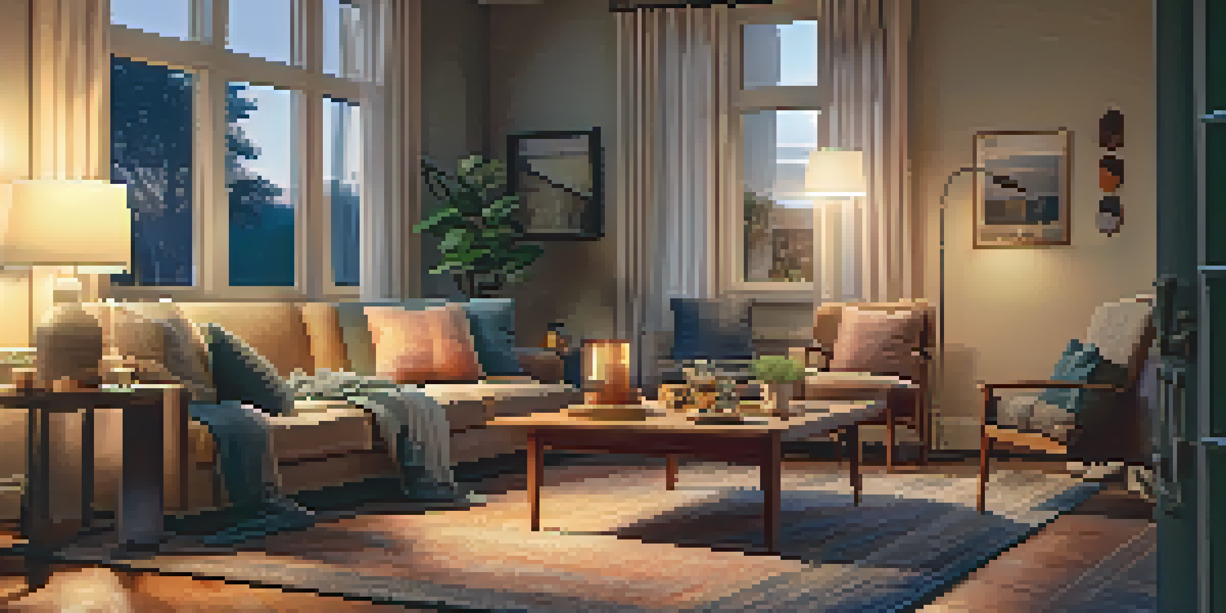 A cozy living room with warm lighting, where a family is playing a board game on a sofa.