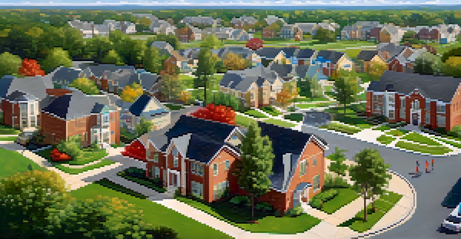 An aerial view of a community with homes and a school, highlighting the lively neighborhood atmosphere.