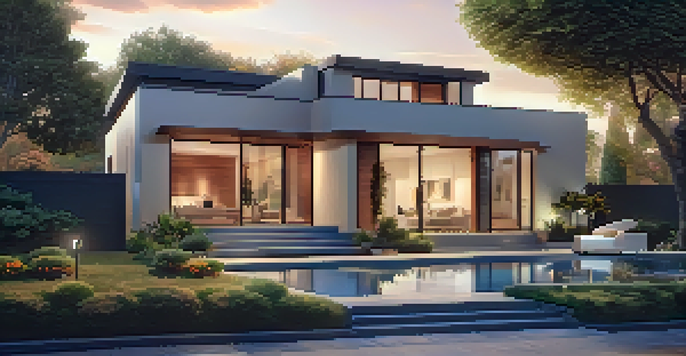 A modern house displaying advanced home security features like a smart doorbell and surveillance cameras in the garden during sunset.