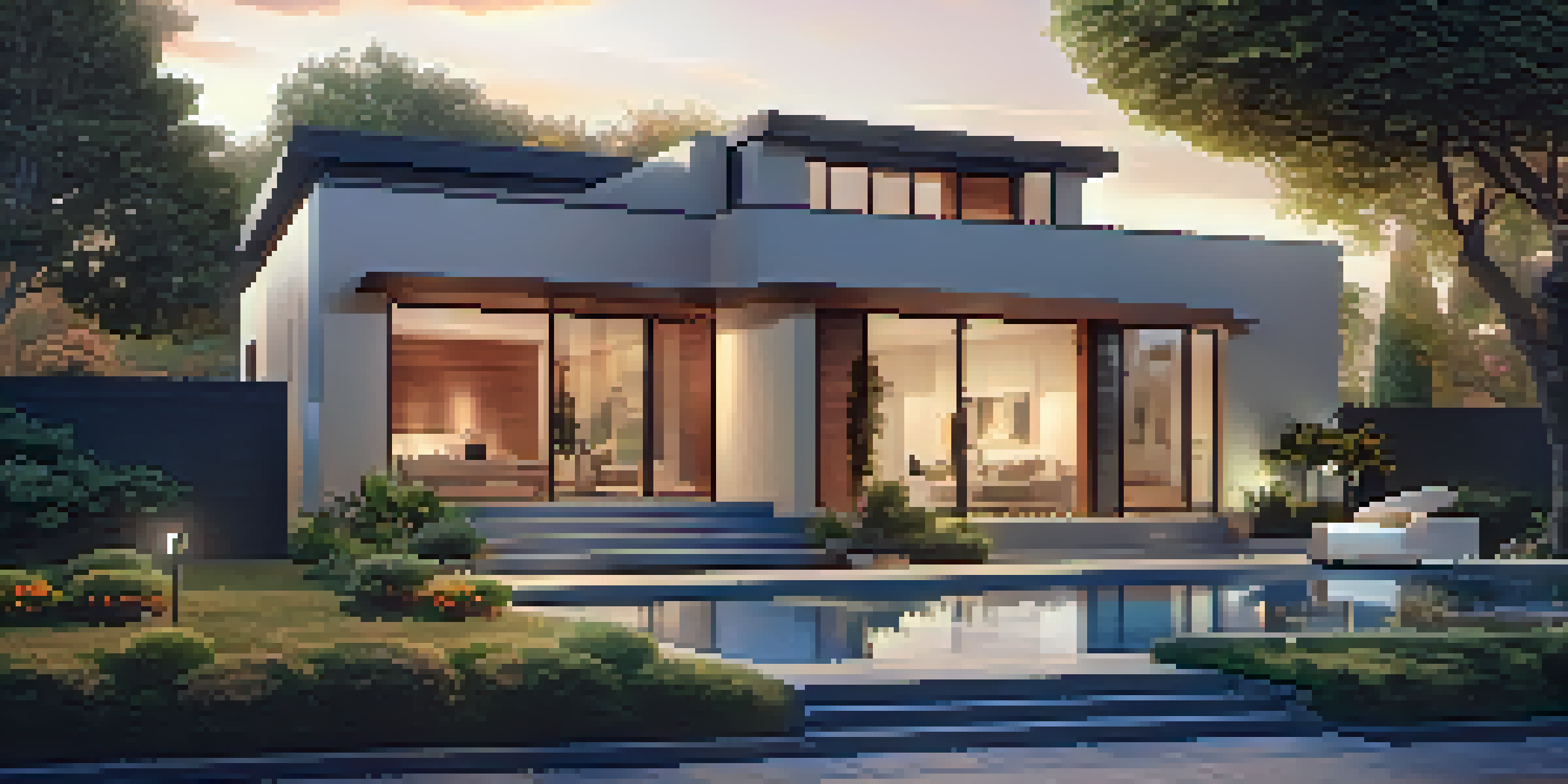 A modern house displaying advanced home security features like a smart doorbell and surveillance cameras in the garden during sunset.