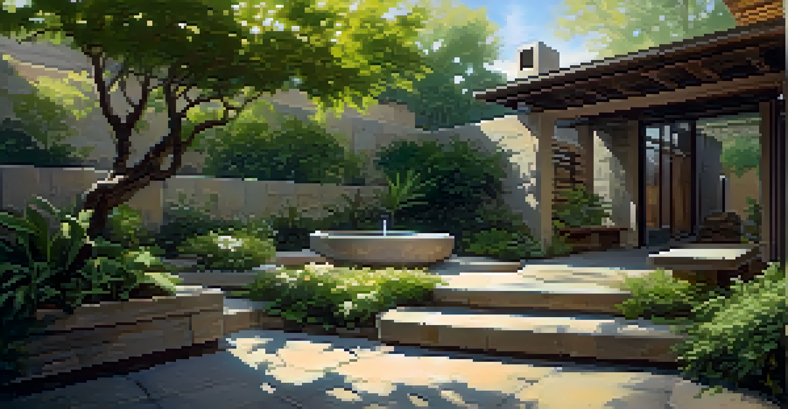 A peaceful courtyard with a water feature and lush greenery, featuring natural stone pathways and wooden benches.