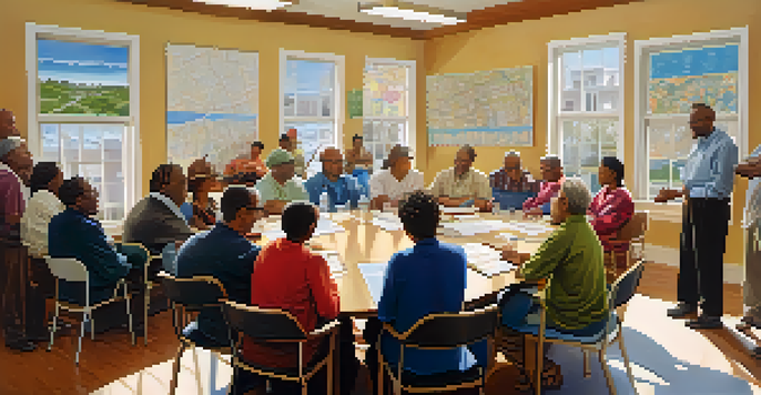 A community meeting with diverse residents discussing zoning laws around a long table, with charts and maps on the walls and sunlight streaming through a window.