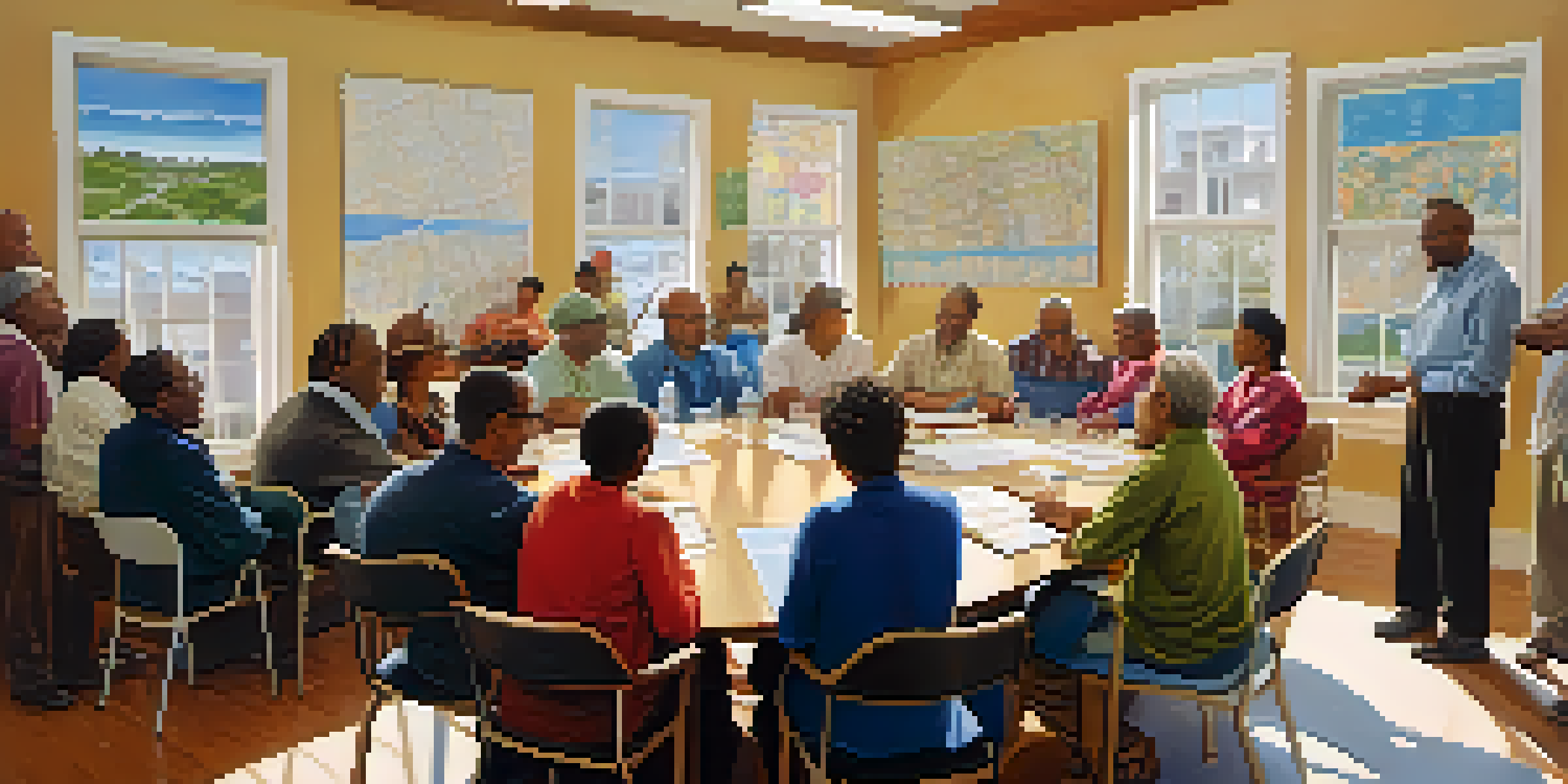 A community meeting with diverse residents discussing zoning laws around a long table, with charts and maps on the walls and sunlight streaming through a window.