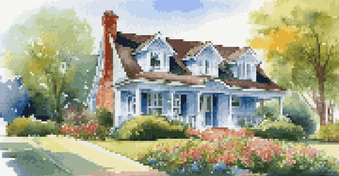 A charming house with a vibrant garden and new roof under a blue sky.