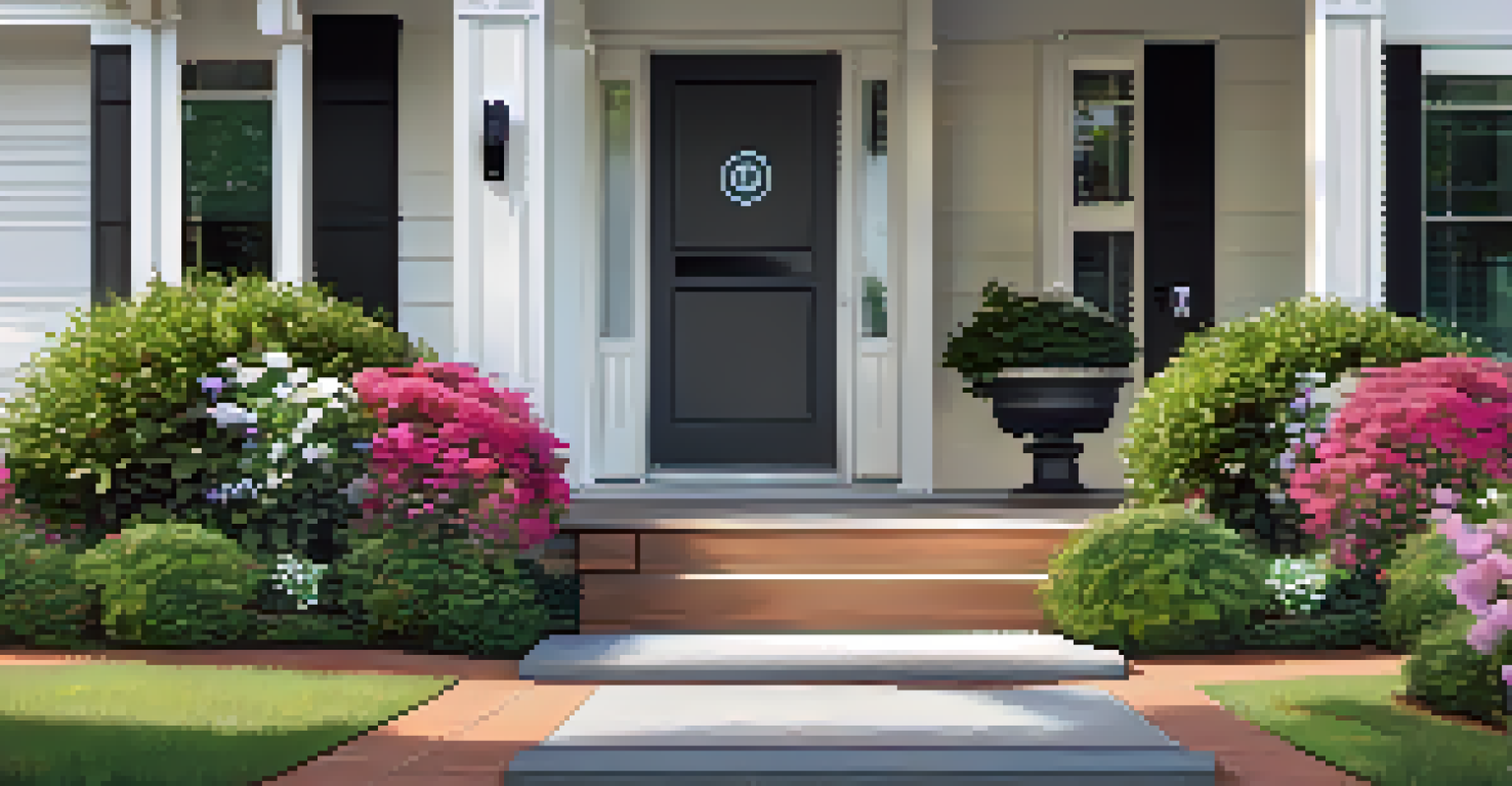 A modern smart mailbox at a home's entryway, featuring a camera and surrounded by flowers and a well-kept lawn.