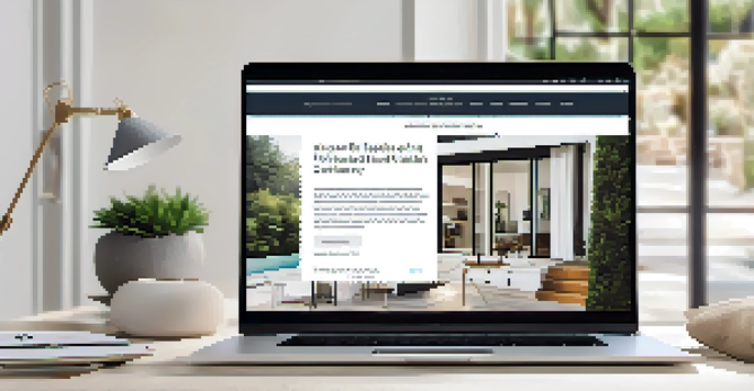 A laptop displaying a clean and modern real estate website with property listings and a blog, set in a stylish home office.