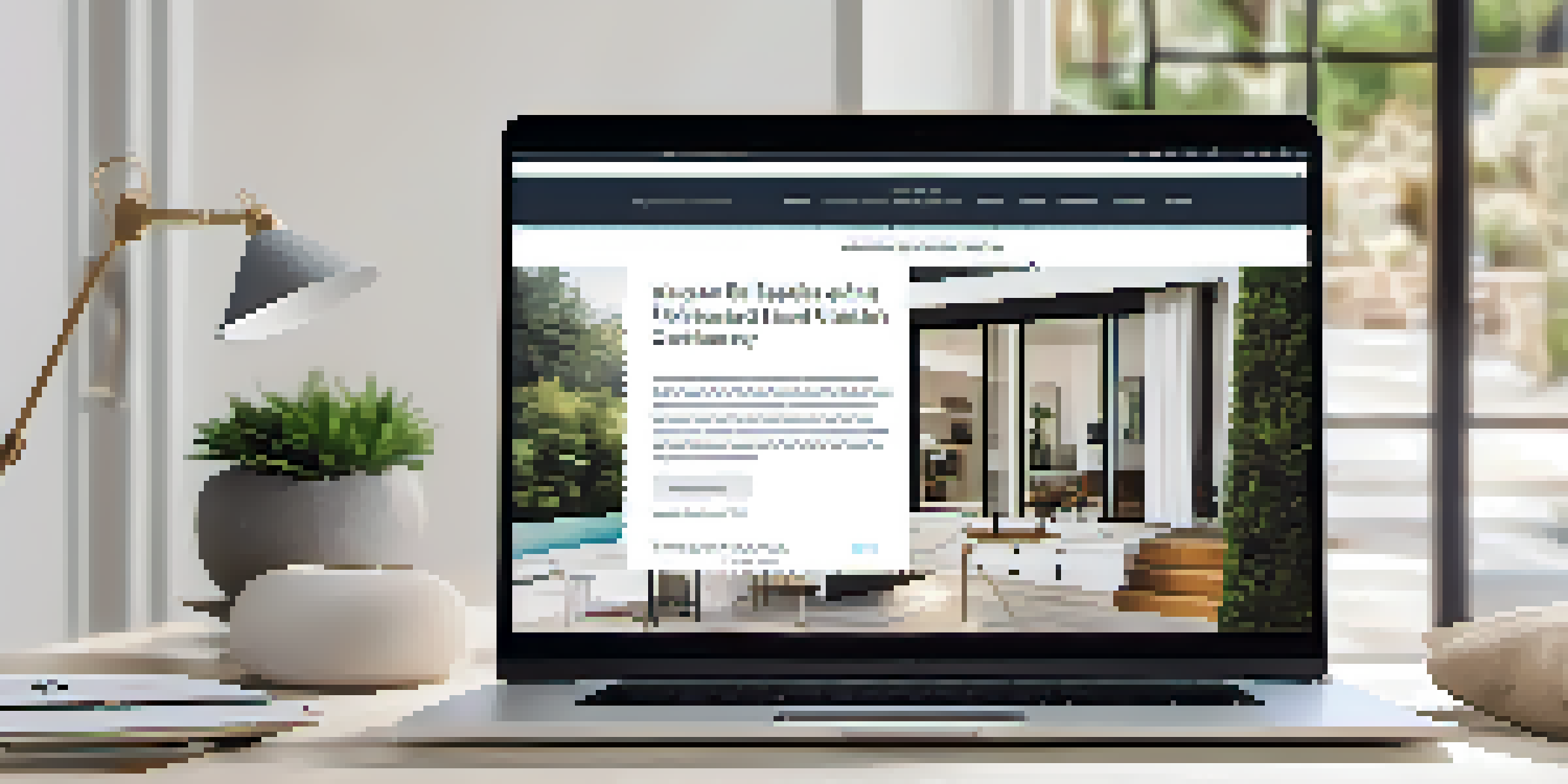 A laptop displaying a clean and modern real estate website with property listings and a blog, set in a stylish home office.