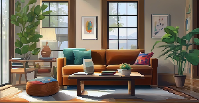 A warm and inviting living room with wooden furniture, soft lighting, and a large window, featuring a sofa and potted plants.