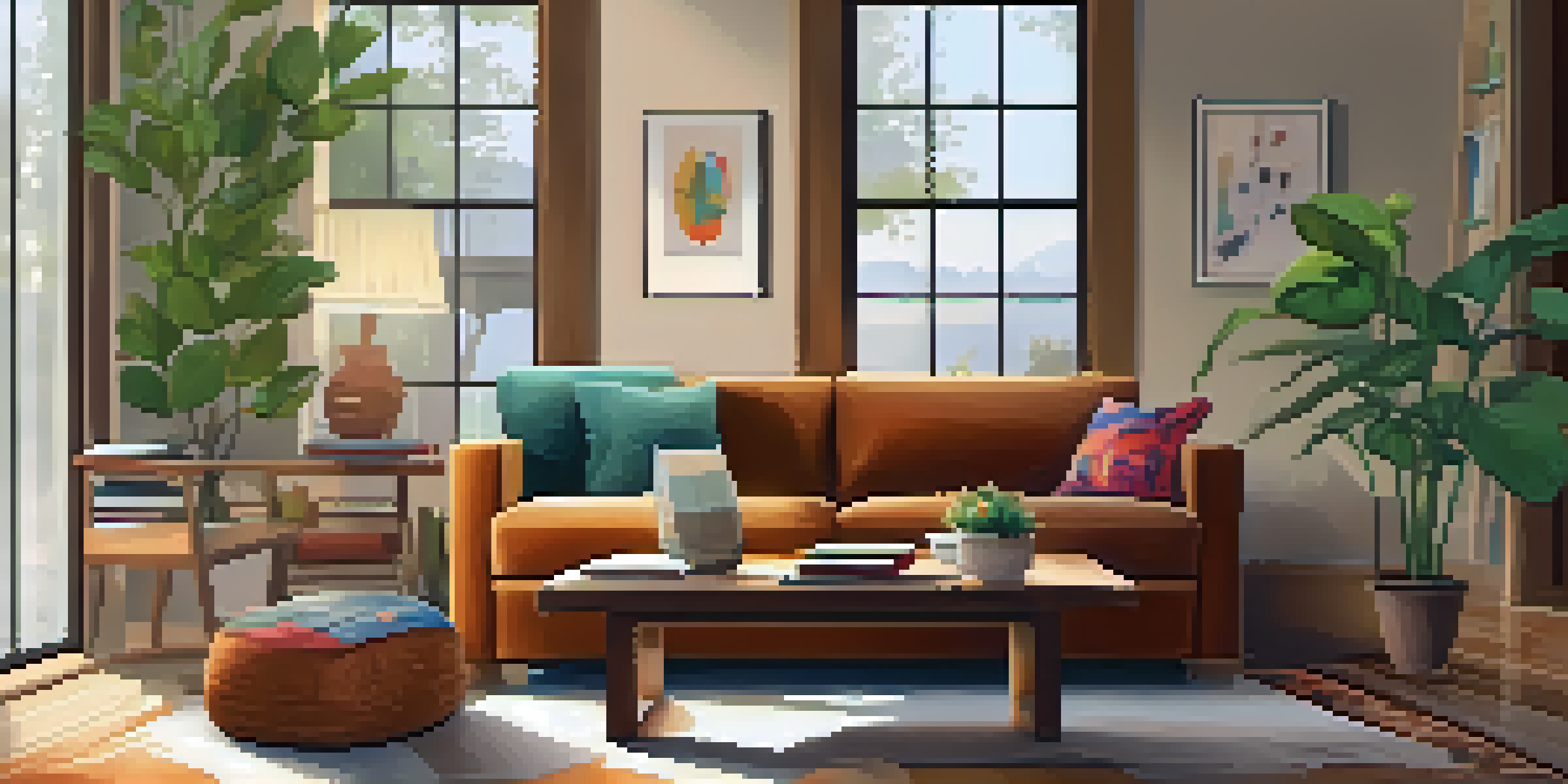 A warm and inviting living room with wooden furniture, soft lighting, and a large window, featuring a sofa and potted plants.