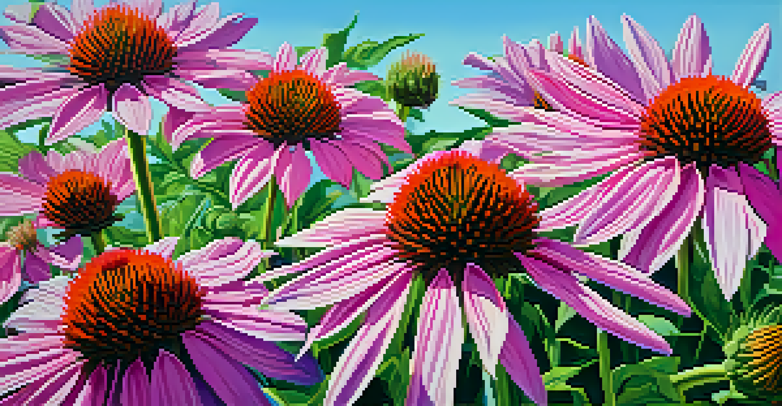 Close-up of vibrant pink and purple coneflowers surrounded by green leaves against a blue sky.