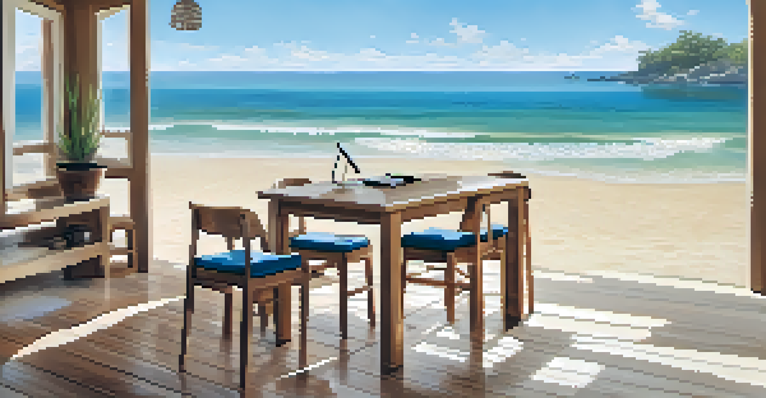 A serene beach with gentle waves, soft sands, and a virtual headset on a wooden table inviting viewers to explore.