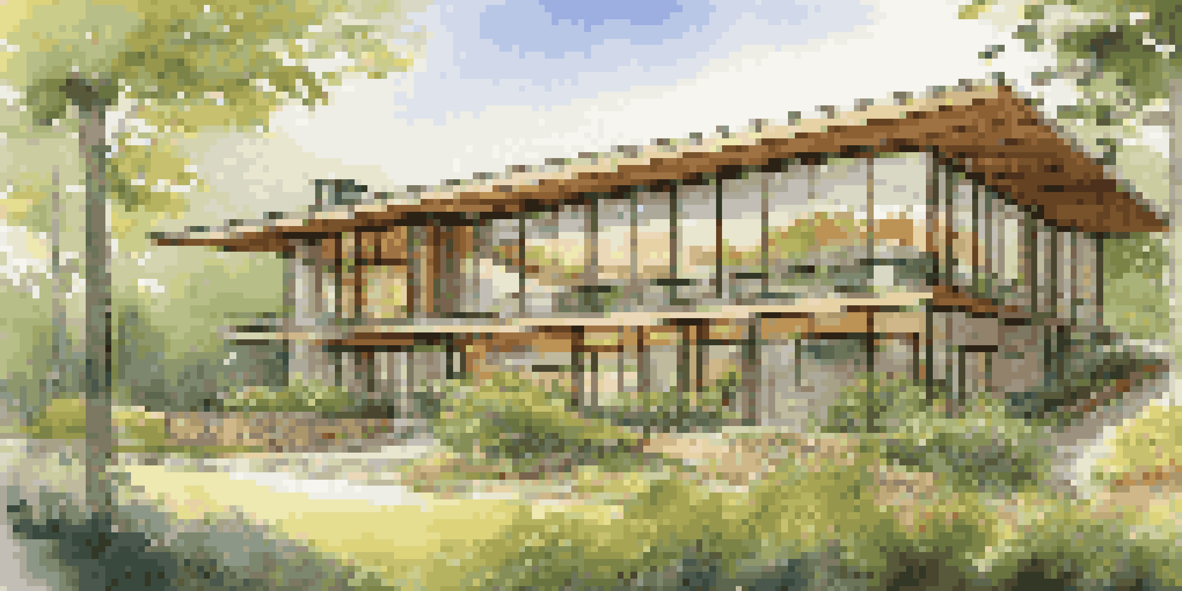 A modern eco-friendly building on a hillside with large windows, surrounded by trees and a rain garden, under warm sunlight.