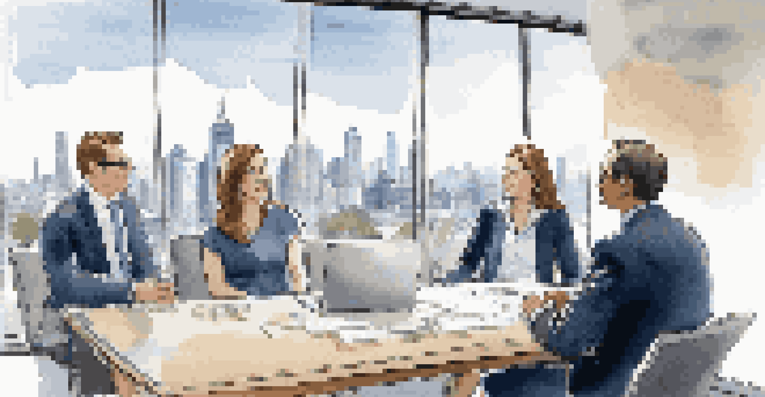 A couple discussing property options with a real estate agent in a modern office, with brochures on the table and a city skyline in the background.