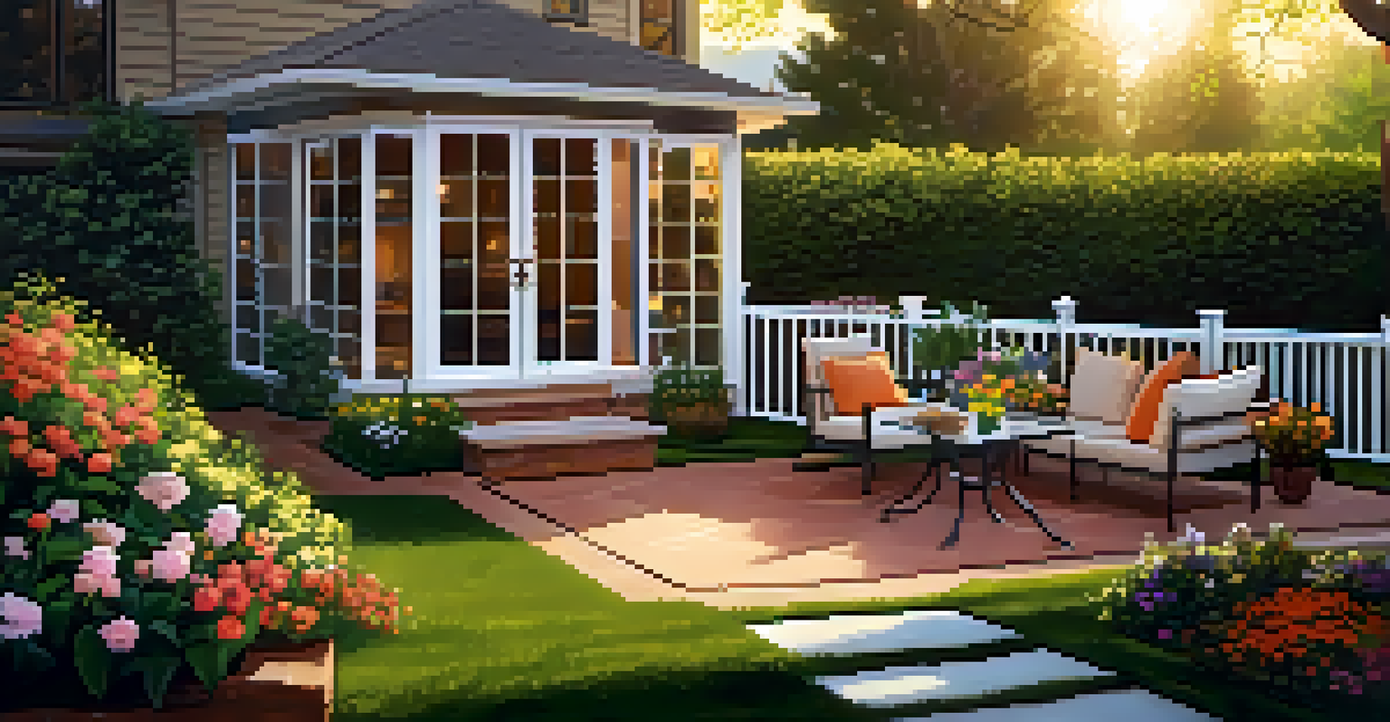 A beautiful backyard garden with colorful flowers, a patio with outdoor furniture, and a barbecue grill during sunset.