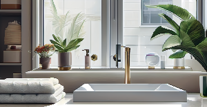 An organized bathroom with clear containers, plants, and decorative items, illuminated by soft morning light.