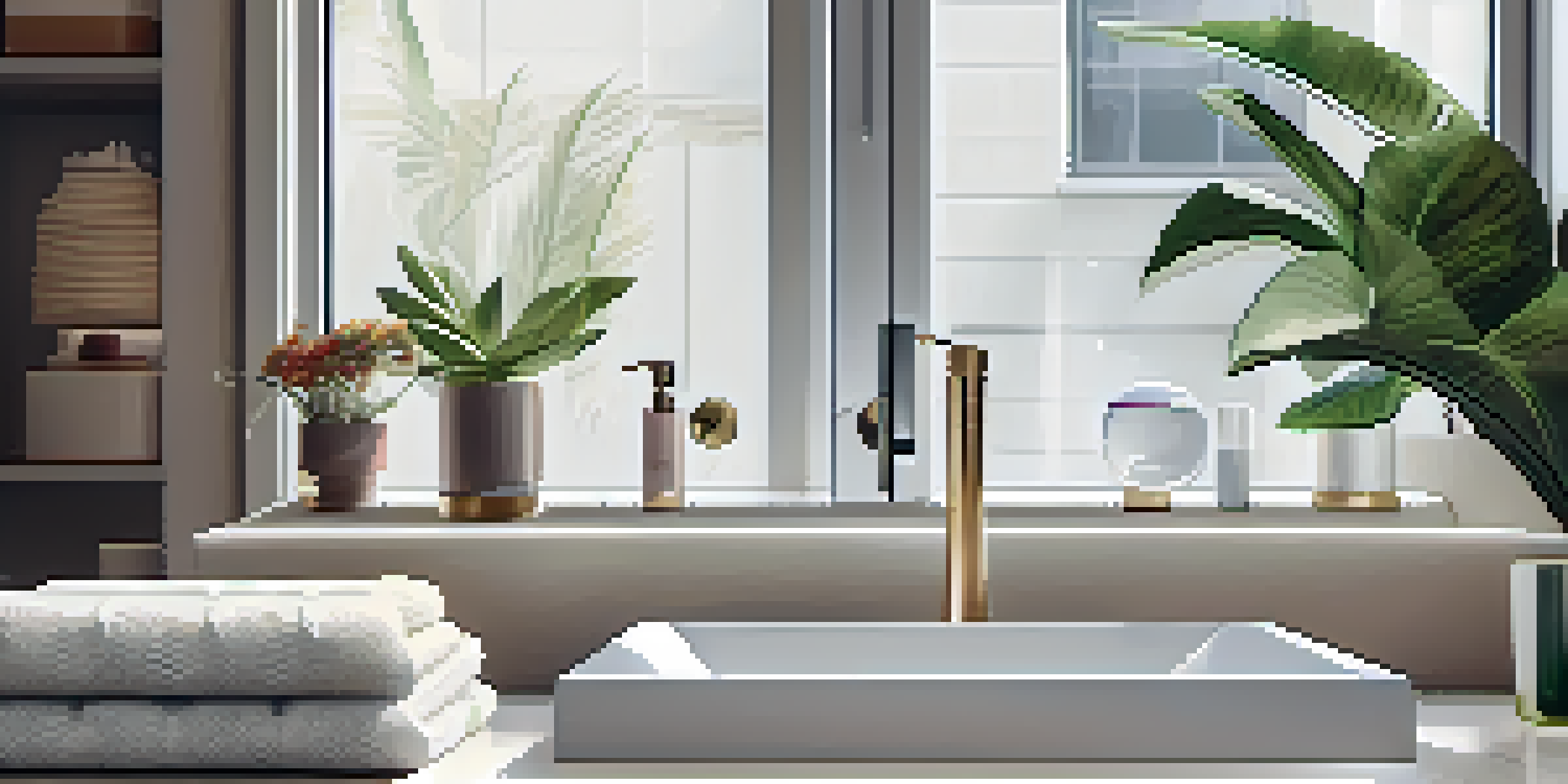 An organized bathroom with clear containers, plants, and decorative items, illuminated by soft morning light.