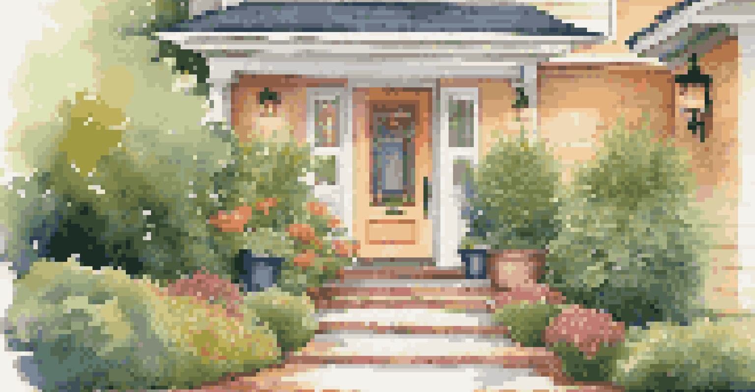 A welcoming home entrance with potted plants, a colorful door, and elegant lighting, creating an inviting atmosphere.