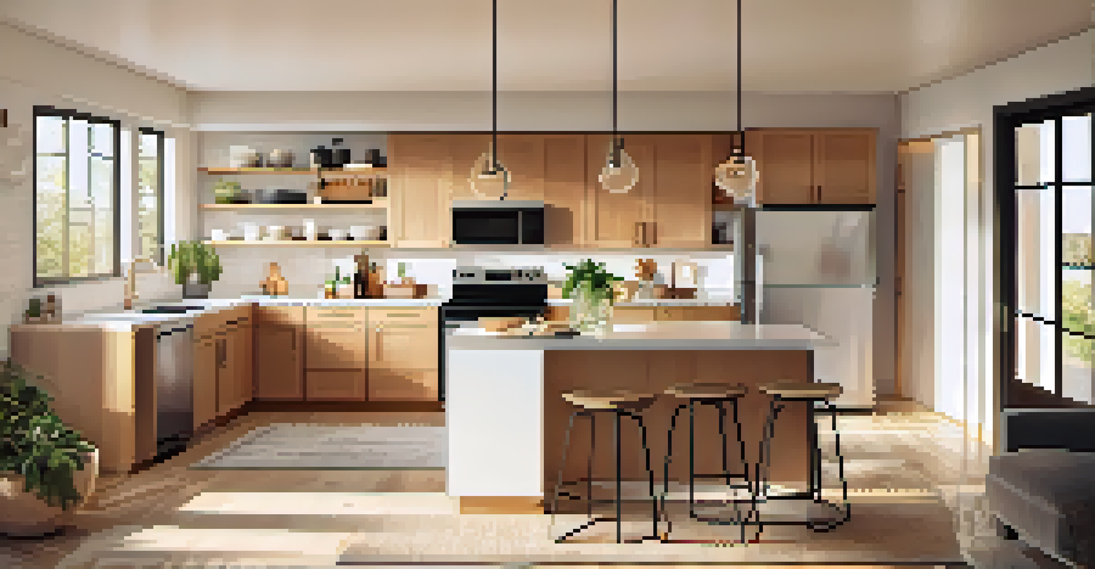 A modern kitchen with new appliances and a warm color palette, featuring sunlight streaming through a window, emphasizing cleanliness and design.