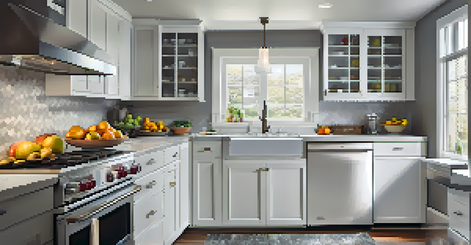 A modern kitchen with sleek appliances and good lighting, featuring fresh fruits and a soft color palette.