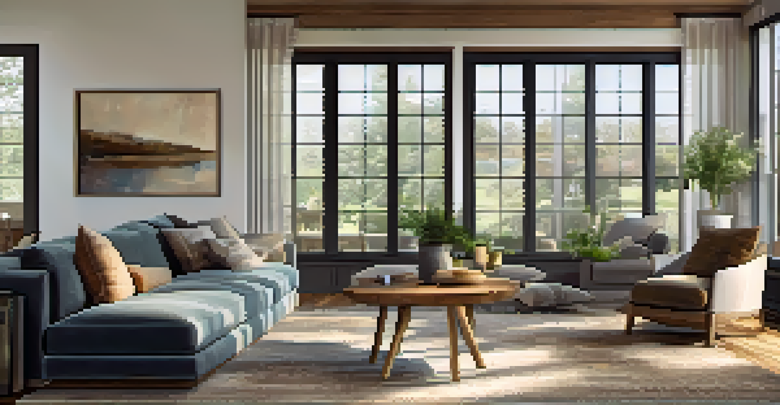 A stylish living room featuring a comfortable sofa, a reclaimed wood coffee table, and large windows with natural light, decorated with framed artwork.