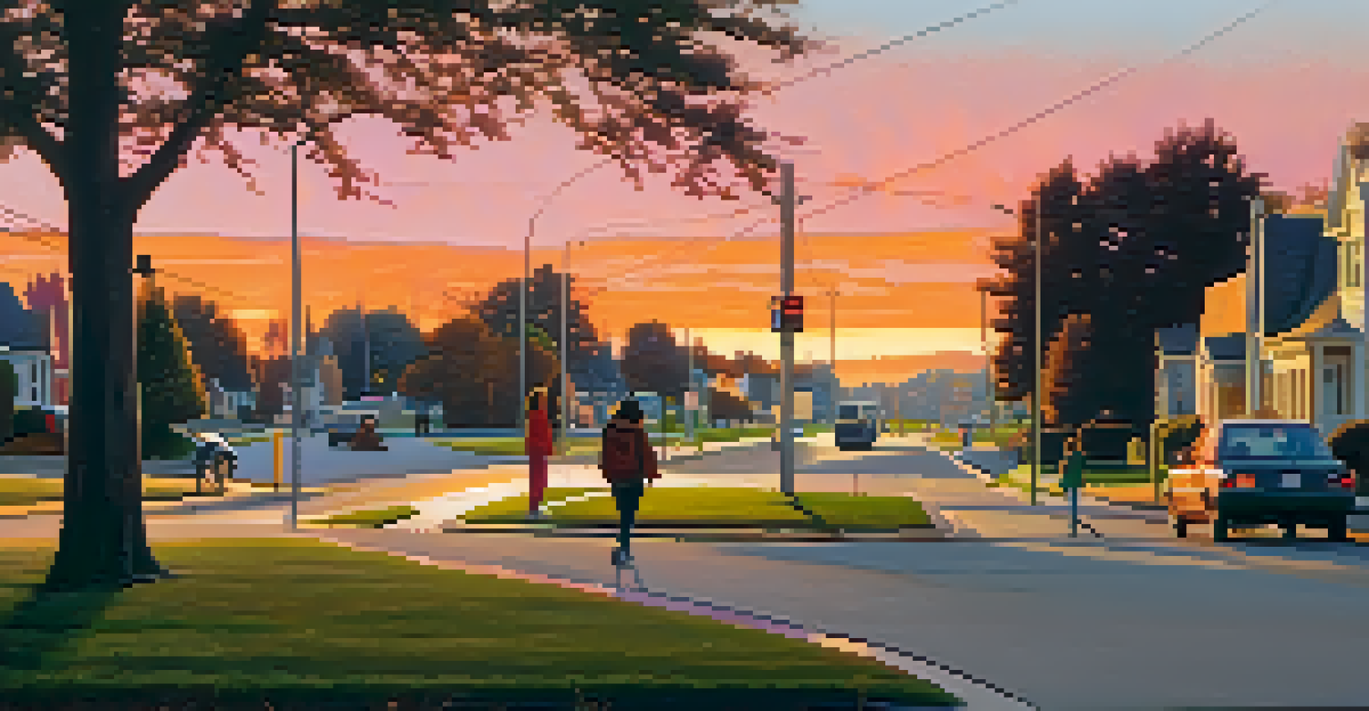 A family walking to a bus stop in a peaceful suburban neighborhood, with a sunset sky and lush greenery.