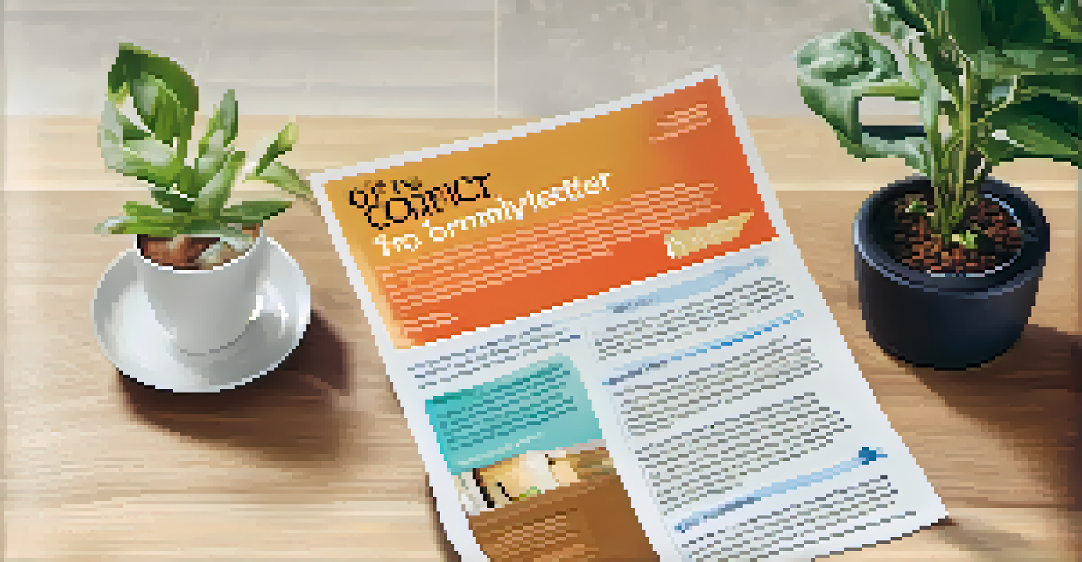 A colorful community newsletter on a kitchen table, surrounded by a cup of coffee and a plant.