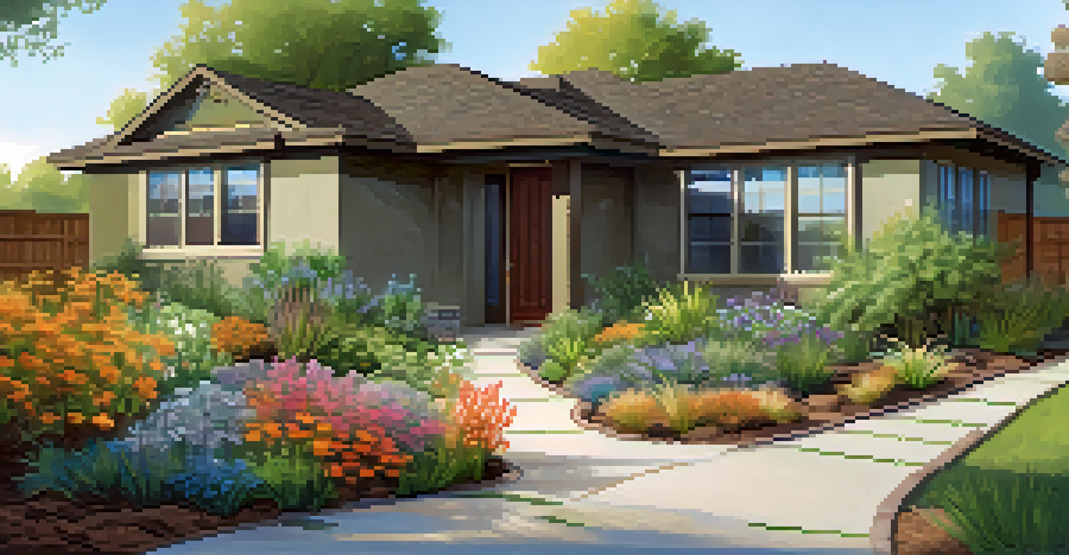 A serene backyard with drought-resistant plants, a rain garden, and permeable pavers, showcasing sustainable landscaping in bright sunlight.