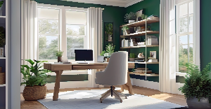 A well-designed modern home office in a suburban living room with natural light, a wooden desk, and green plants.