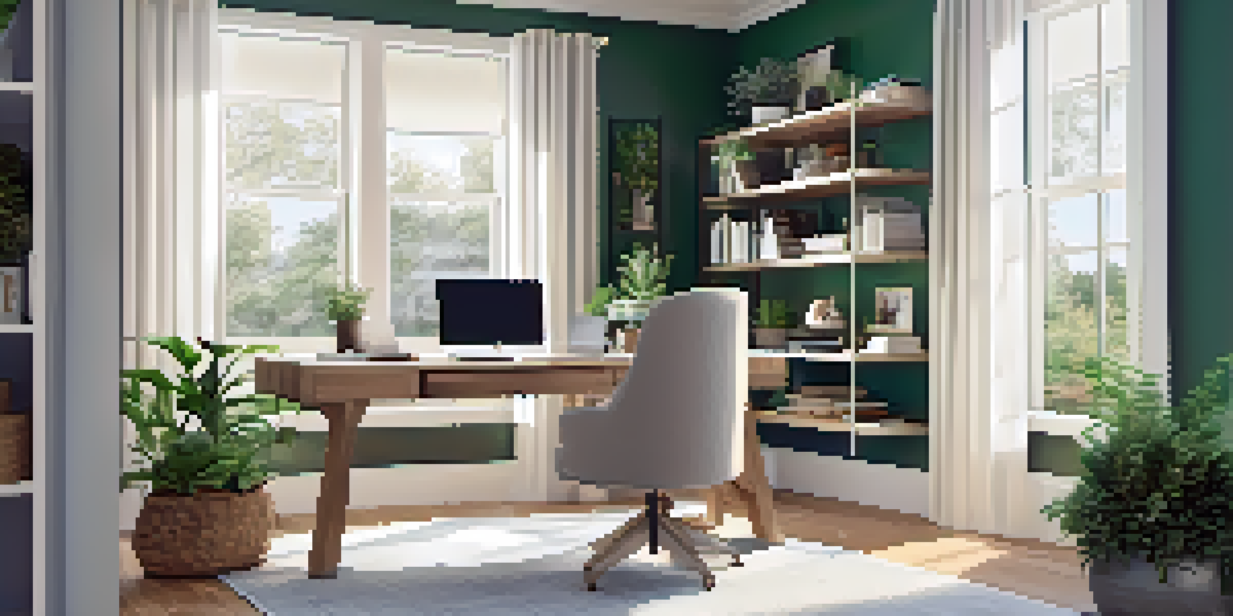 A well-designed modern home office in a suburban living room with natural light, a wooden desk, and green plants.