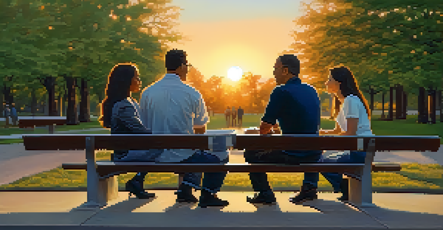 Three professionals sitting on benches in a park, casually discussing plans with a sunset in the background.