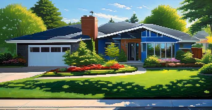 A contemporary house with a reflective cool roof, set in a green yard filled with flowers under a sunny sky.