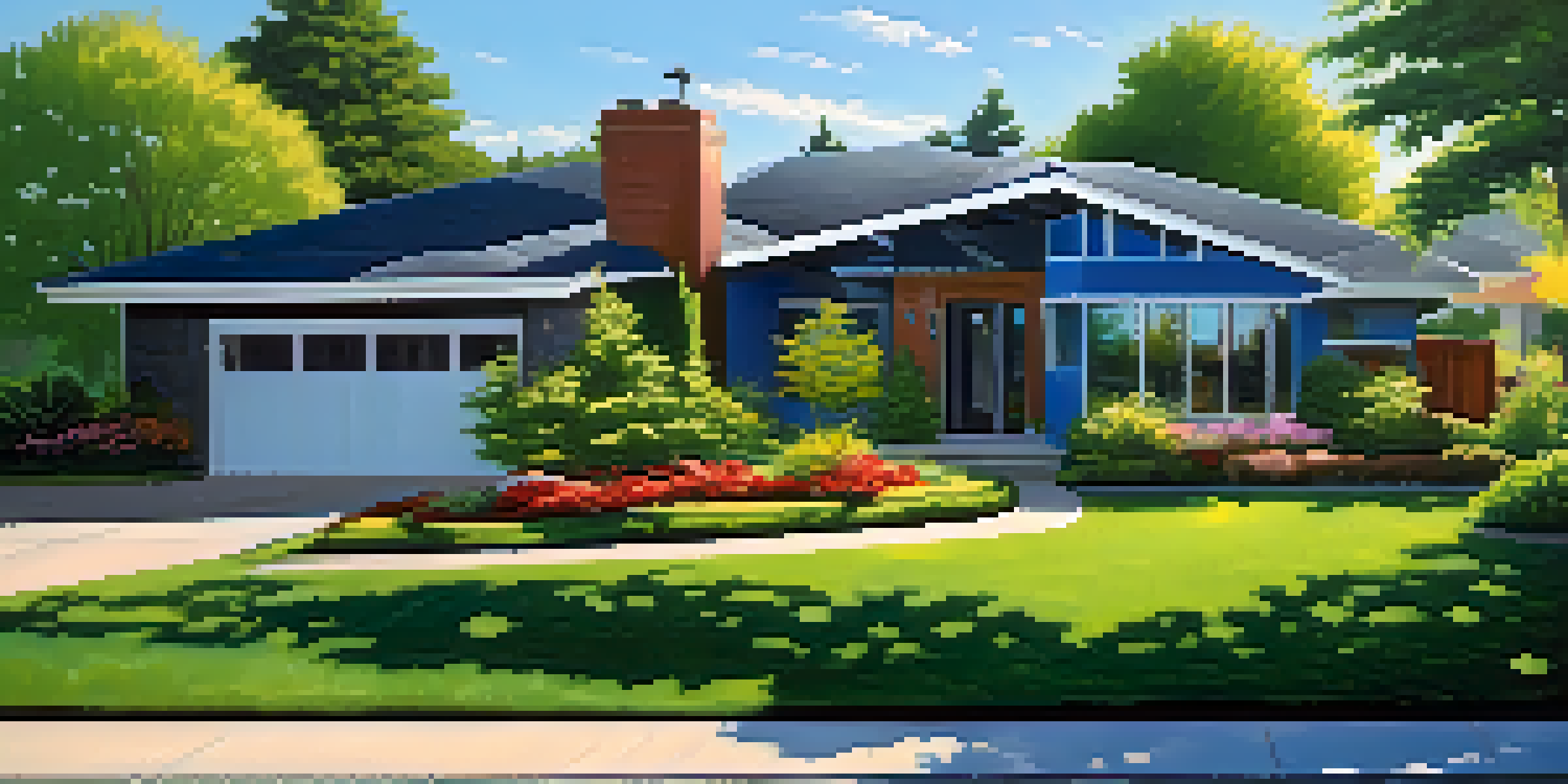 A contemporary house with a reflective cool roof, set in a green yard filled with flowers under a sunny sky.