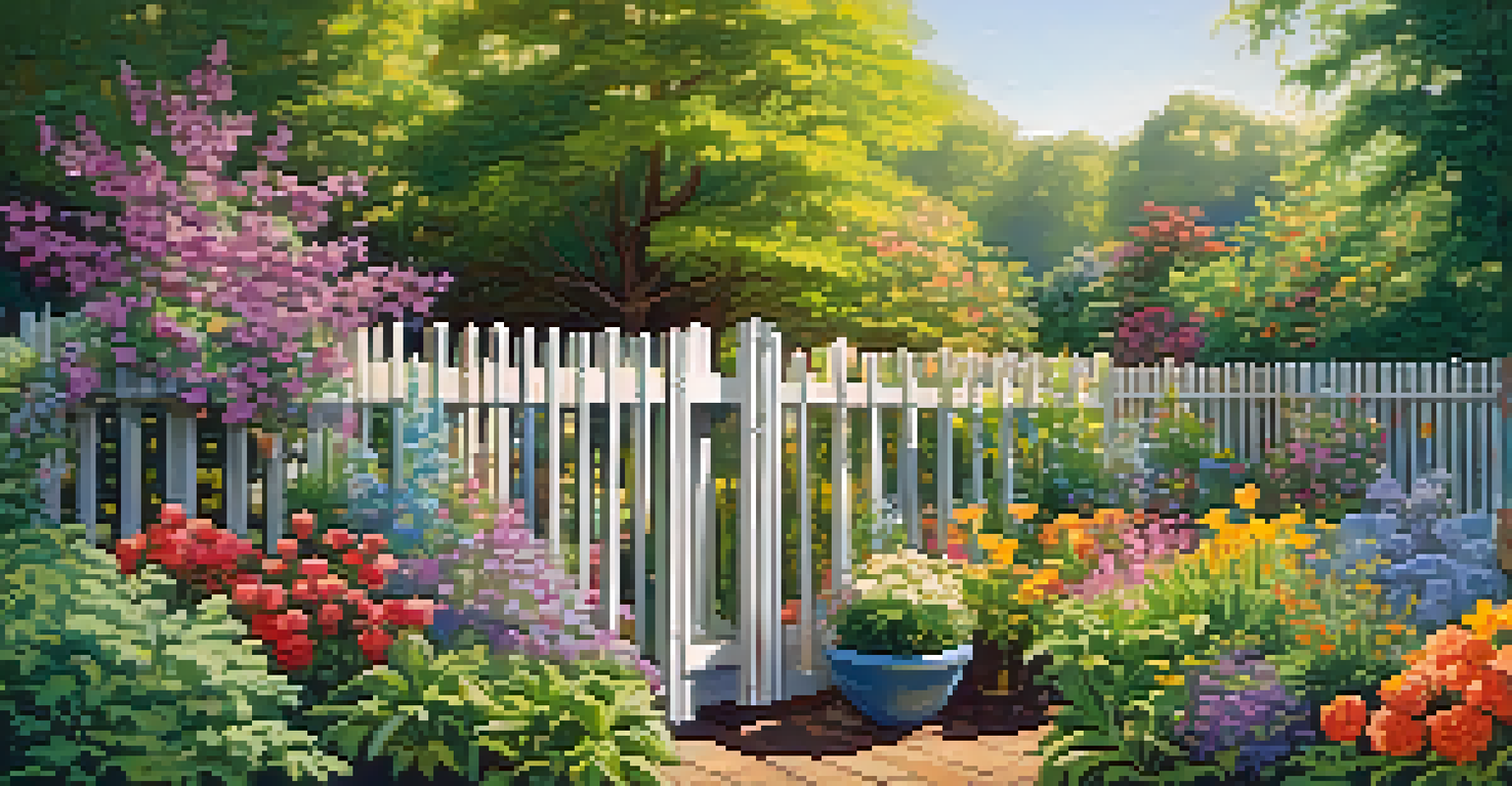A vibrant garden filled with colorful seasonal flowers and greenery, illuminated by sunlight, with a pastel-colored wooden fence in the background.