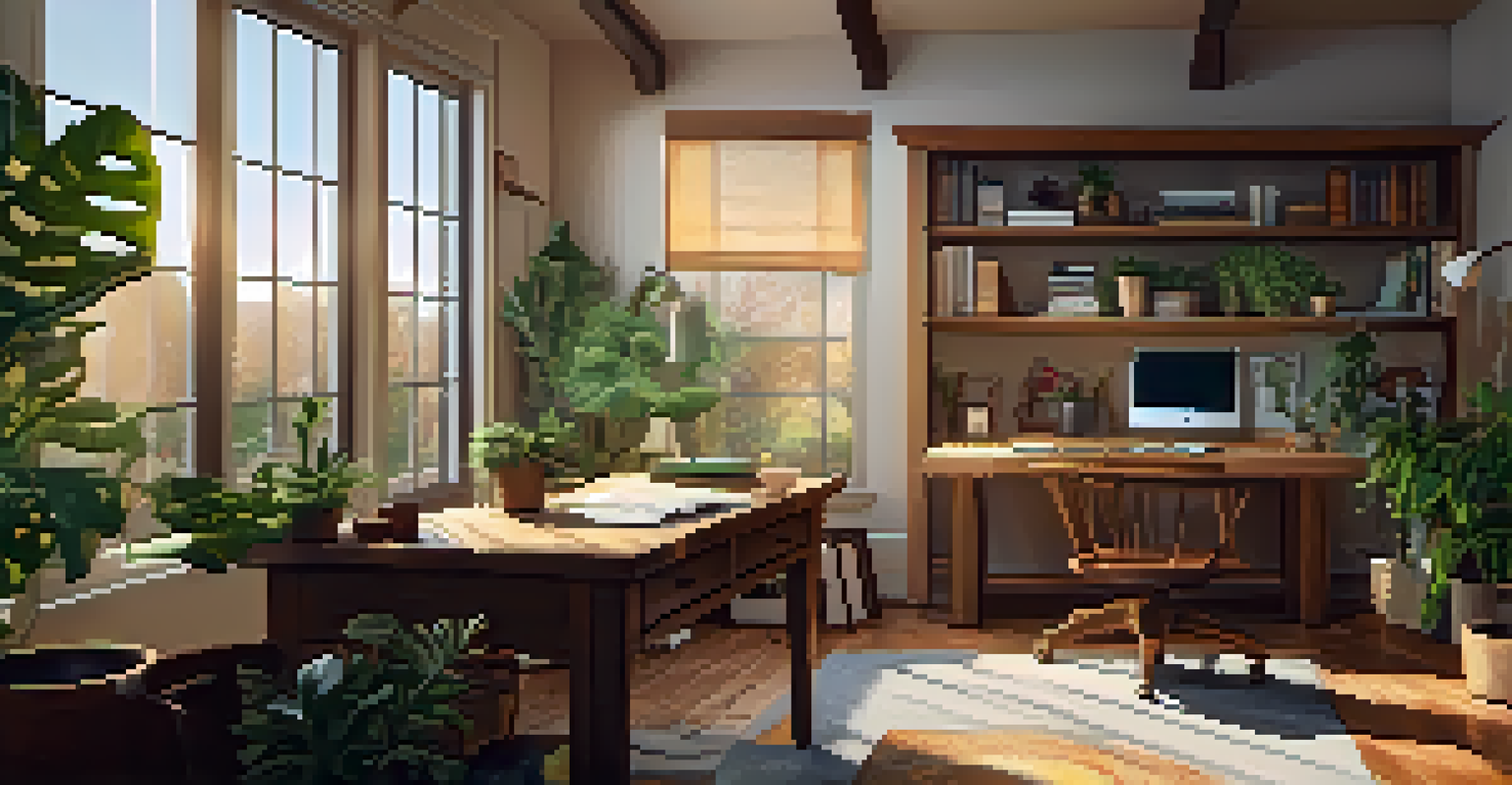 A warm and inviting home office interior with a wooden desk and plants, bathed in natural light.