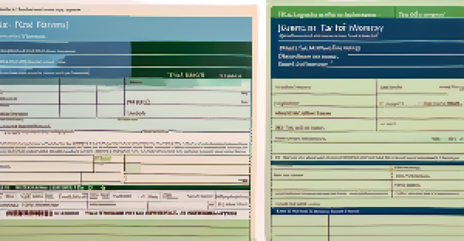 A split-screen image of two different tax forms representing joint tenancy and tenancy in common, set against a calming blue and green background.
