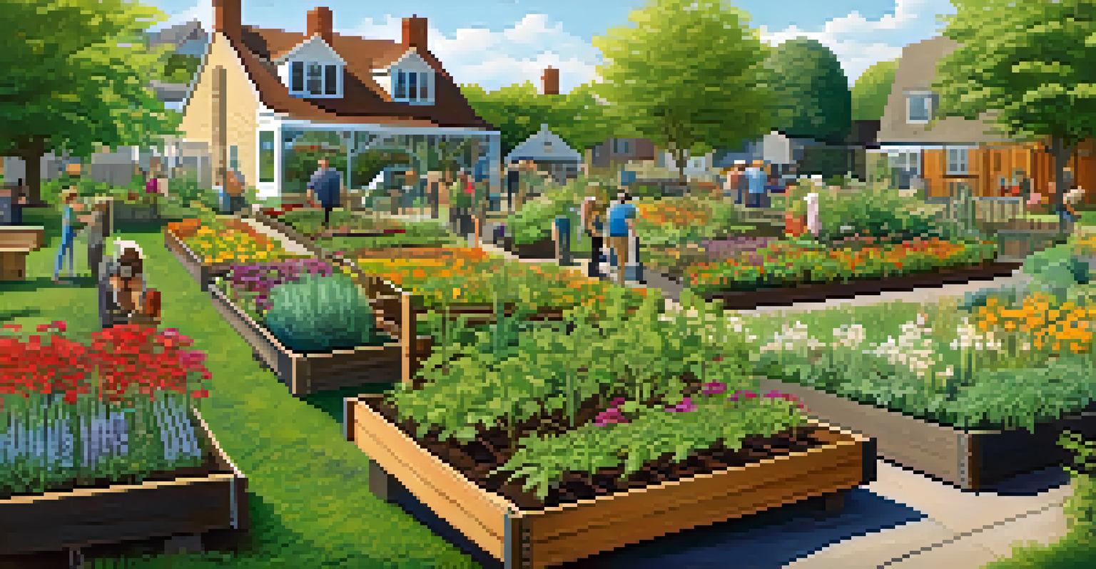 A lively community garden filled with seasonal plants, herbs, and flowers, with residents actively participating in gardening.