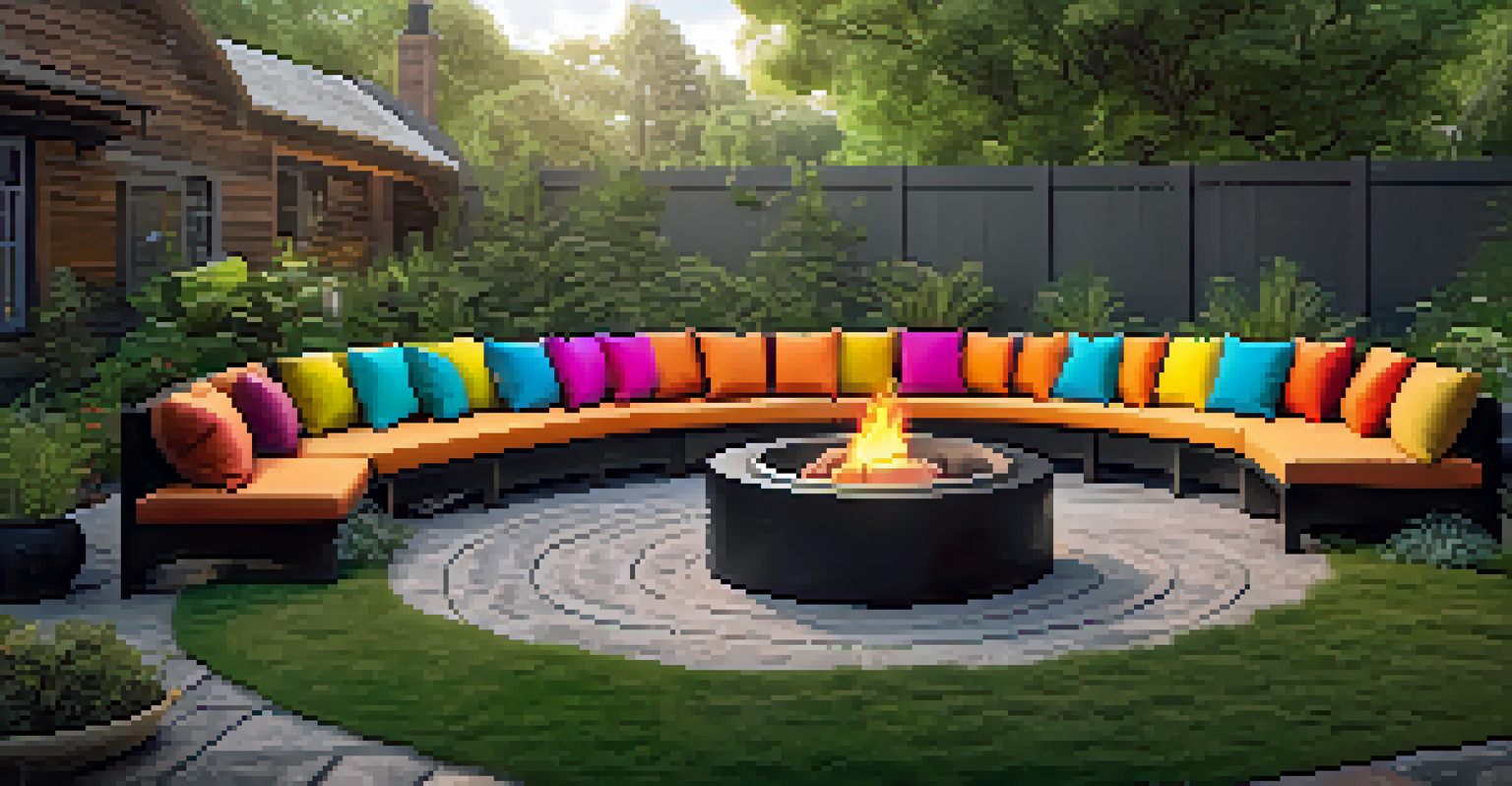 A cozy seating arrangement around a metal fire pit with rustic wooden benches, colorful cushions, and surrounded by lush greenery.