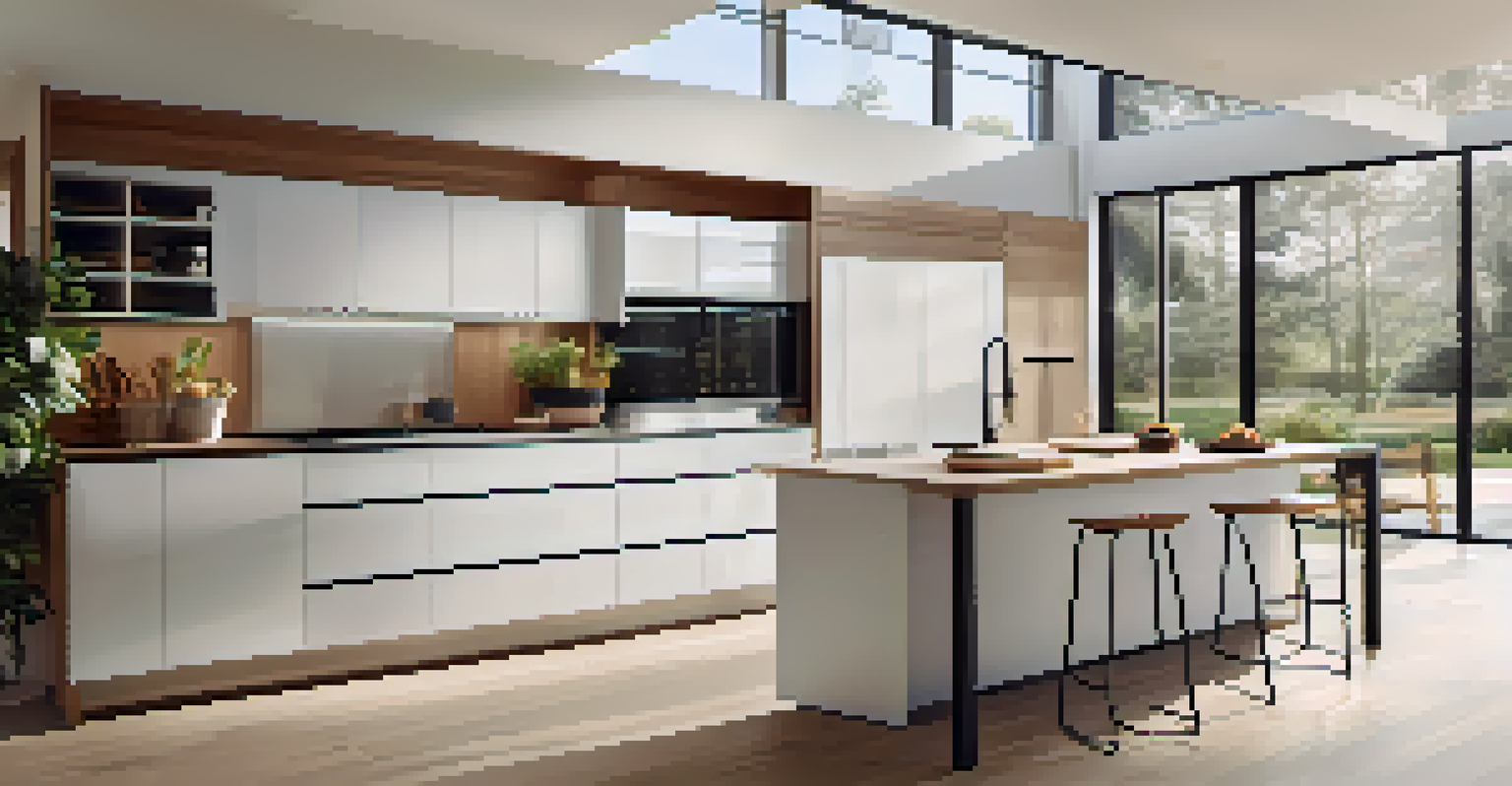 A modern kitchen featuring smart home technology and ergonomic tools for accessibility.