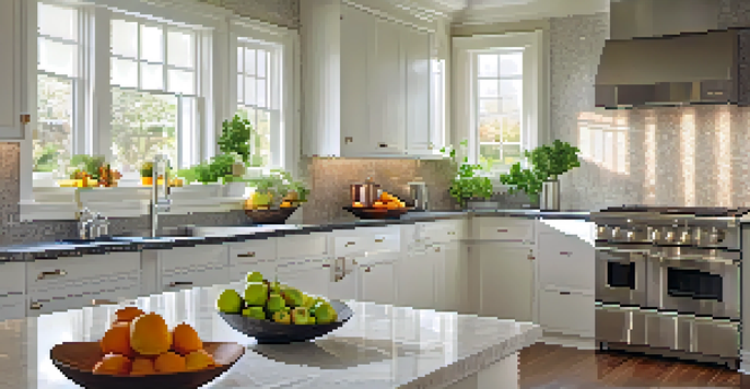A bright and modern kitchen with white cabinets, granite countertops, and stainless steel appliances, illuminated by natural light.
