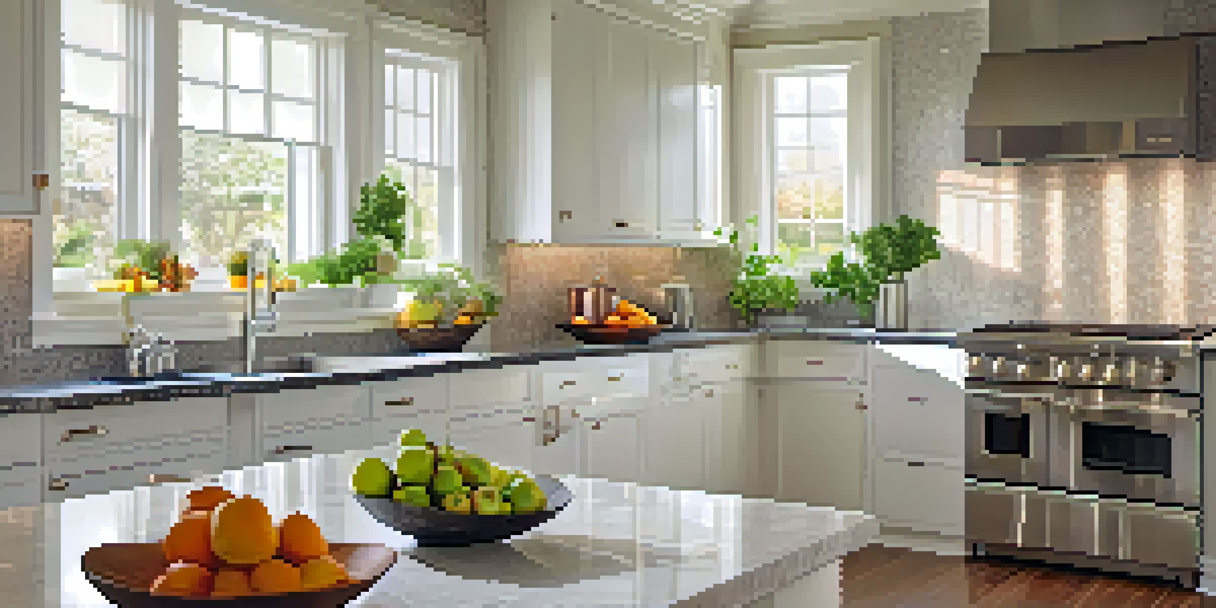 A bright and modern kitchen with white cabinets, granite countertops, and stainless steel appliances, illuminated by natural light.