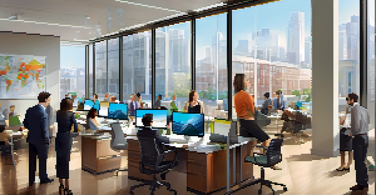 A lively real estate office with agents discussing market trends and analyzing data, featuring a contemporary design and natural light.
