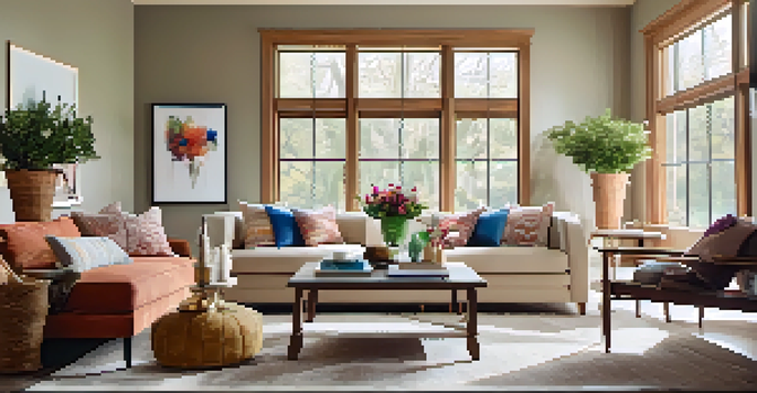 A bright and inviting living room with a sofa, coffee table, and family photos on the walls.