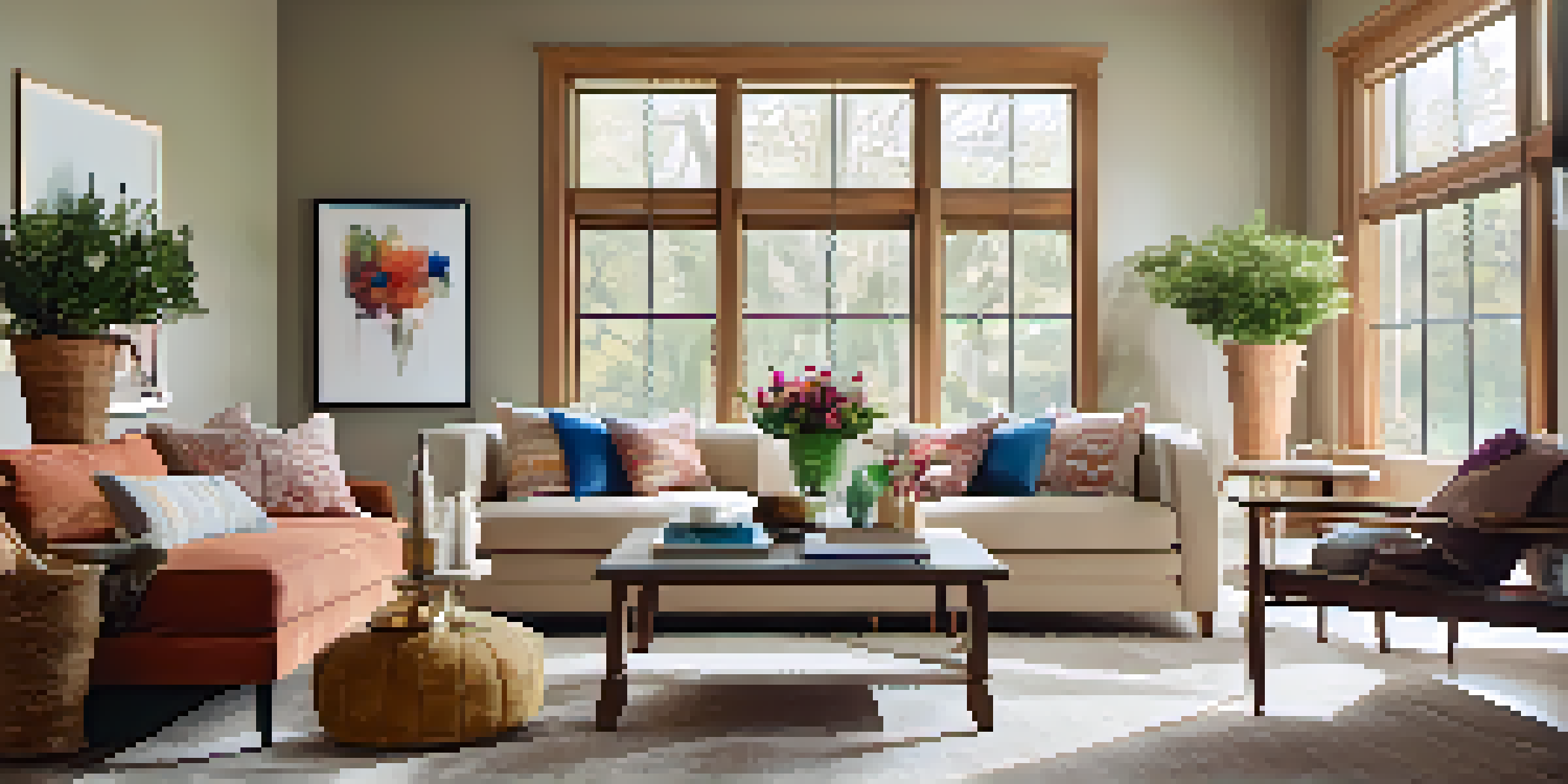 A bright and inviting living room with a sofa, coffee table, and family photos on the walls.
